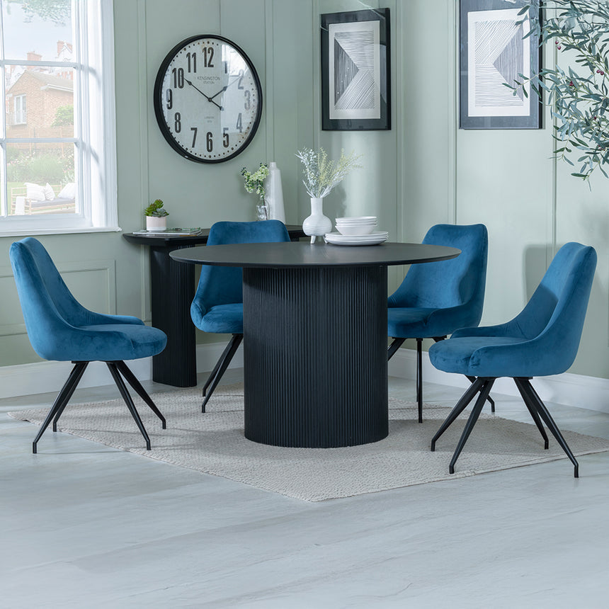 Charlton Fluted Black 4 Seater Round Dining Set - Diana Velvet Fabric Swivel Dining Chair