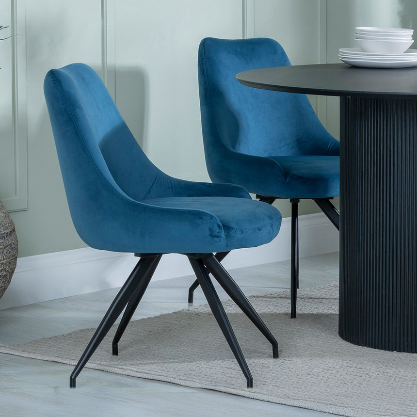 Charlton Fluted Black 4 Seater Round Dining Set - Diana Velvet Fabric Swivel Dining Chair