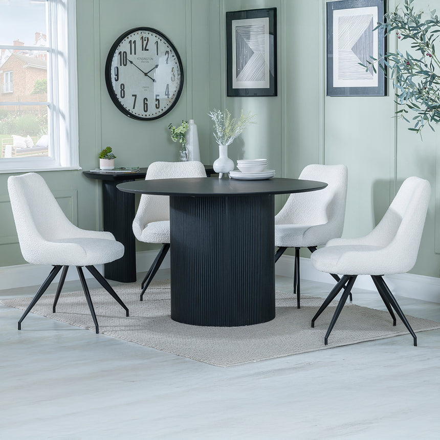 Charlton Fluted Black 4 Seater Round Dining Set - Diana Velvet Fabric Swivel Dining Chair