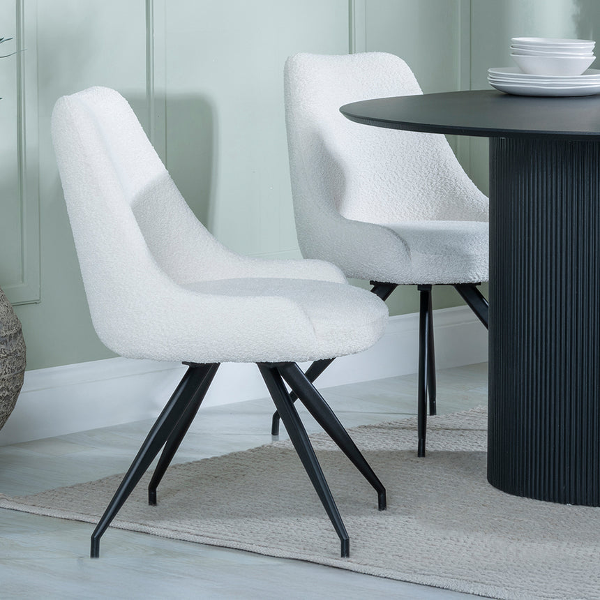 Charlton Fluted Black 4 Seater Round Dining Set - Diana Velvet Fabric Swivel Dining Chair