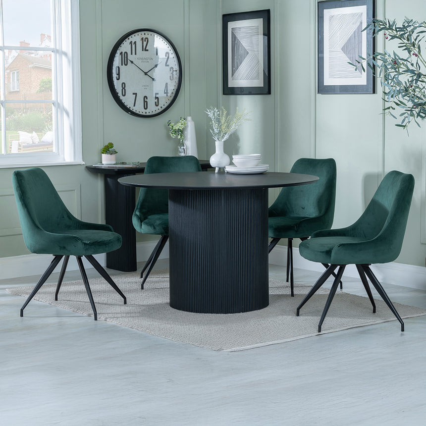 Charlton Fluted Black 4 Seater Round Dining Set - Diana Velvet Fabric Swivel Dining Chair