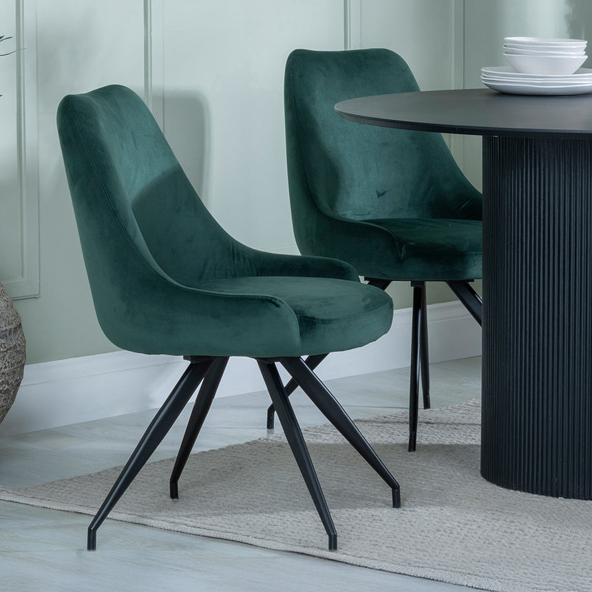 Charlton Fluted Black 4 Seater Round Dining Set - Diana Velvet Fabric Swivel Dining Chair