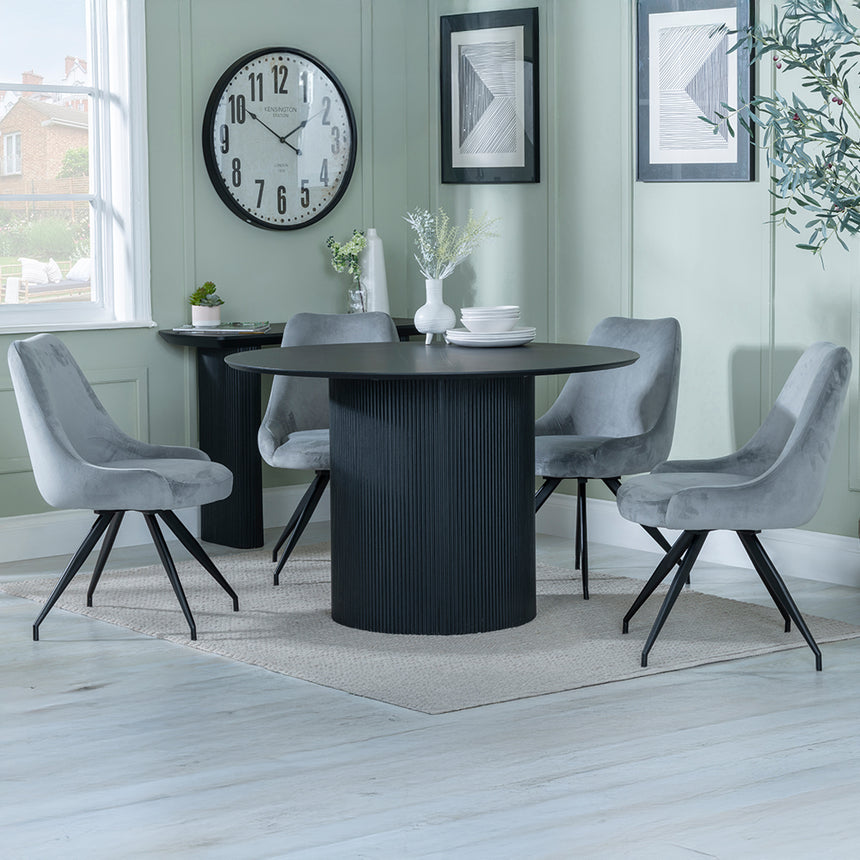 Charlton Fluted Black 4 Seater Round Dining Set - Diana Velvet Fabric Swivel Dining Chair