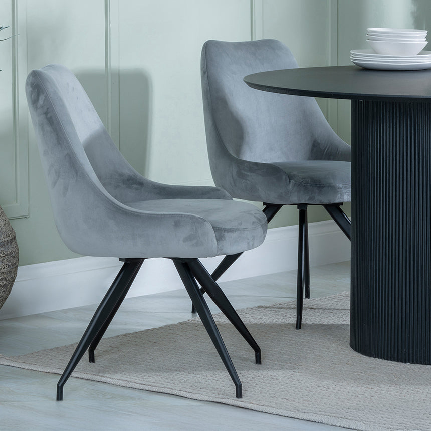 Charlton Fluted Black 4 Seater Round Dining Set - Diana Velvet Fabric Swivel Dining Chair