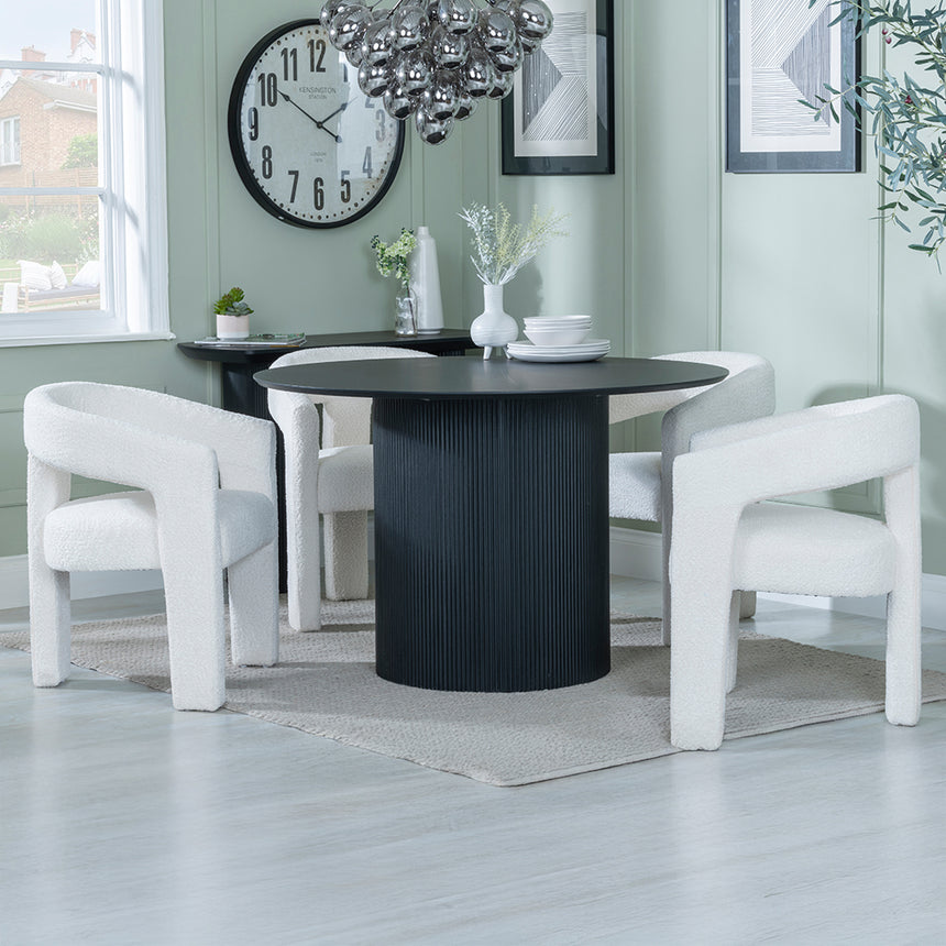 Charlton Fluted Black 4 Seater Round Dining Set - Killen Boucle Fabric Dining Chair