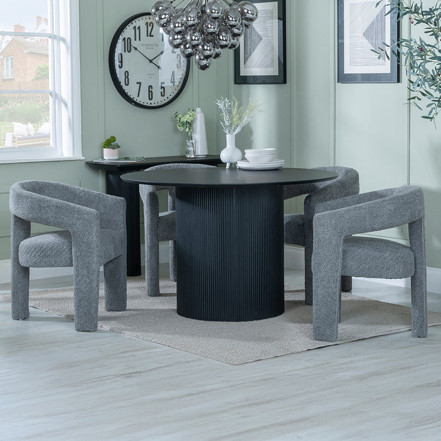 Charlton Fluted Black 4 Seater Round Dining Set - Killen Boucle Fabric Dining Chair