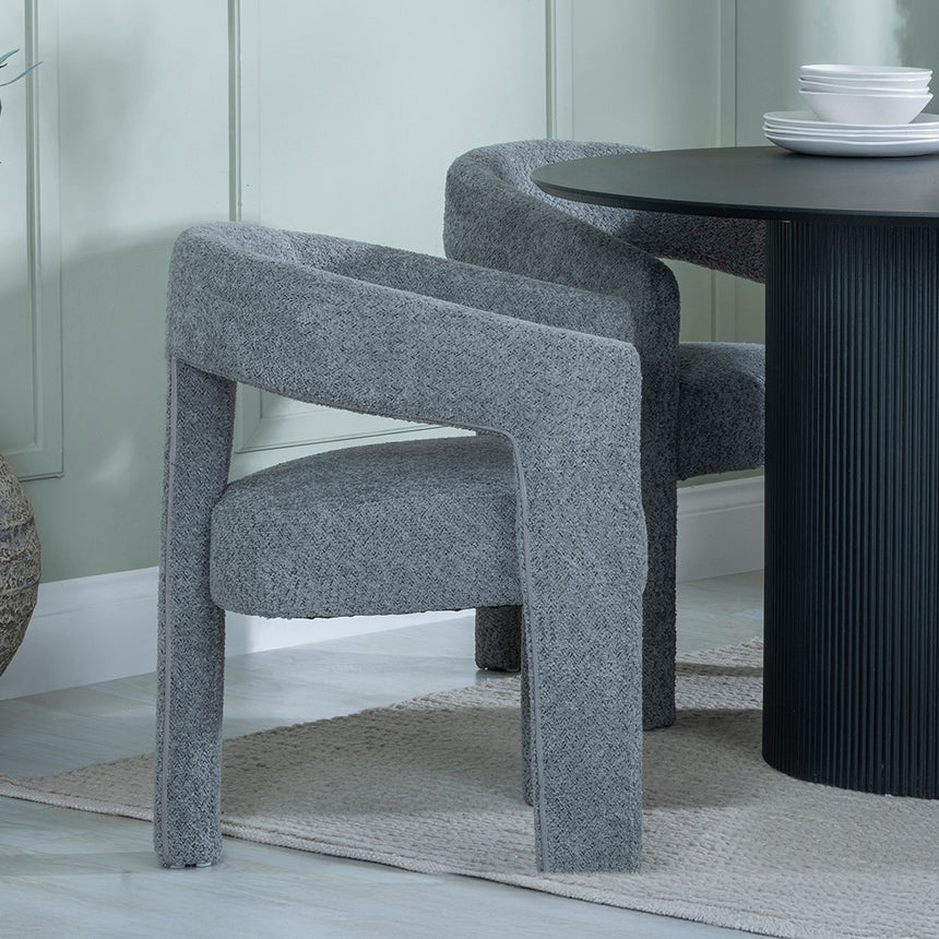 Charlton Fluted Black 4 Seater Round Dining Set - Killen Boucle Fabric Dining Chair