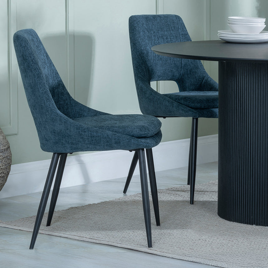 Charlton Fluted Black 4 Seater Round Dining Set - Stansbury Fabric Dining Chair