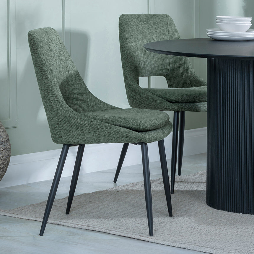 Charlton Fluted Black 4 Seater Round Dining Set - Stansbury Fabric Dining Chair