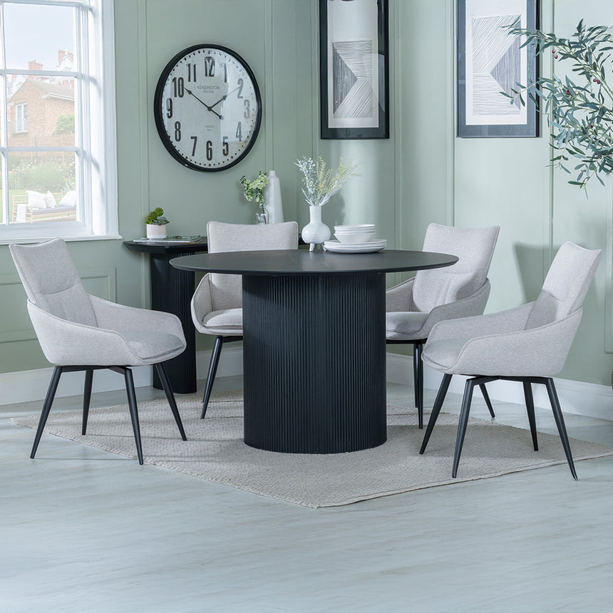 Charlton Fluted Black 4 Seater Round Dining Set - Torres Fabric Swivel Dining Chair