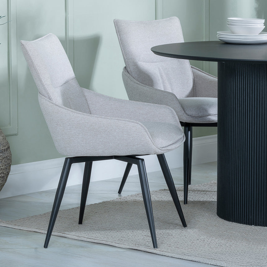 Charlton Fluted Black 4 Seater Round Dining Set - Torres Fabric Swivel Dining Chair