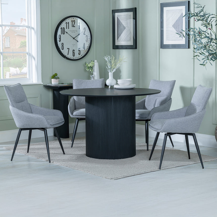 Charlton Fluted Black 4 Seater Round Dining Set - Torres Fabric Swivel Dining Chair