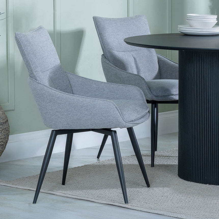 Charlton Fluted Black 4 Seater Round Dining Set - Torres Fabric Swivel Dining Chair