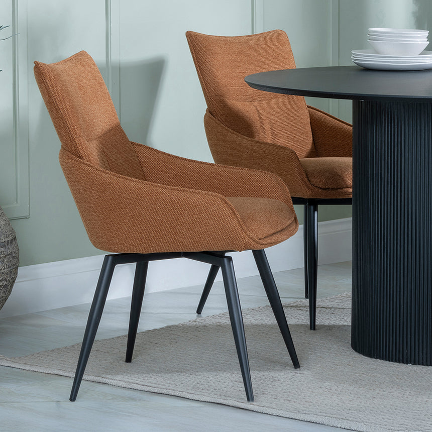 Charlton Fluted Black 4 Seater Round Dining Set - Torres Fabric Swivel Dining Chair