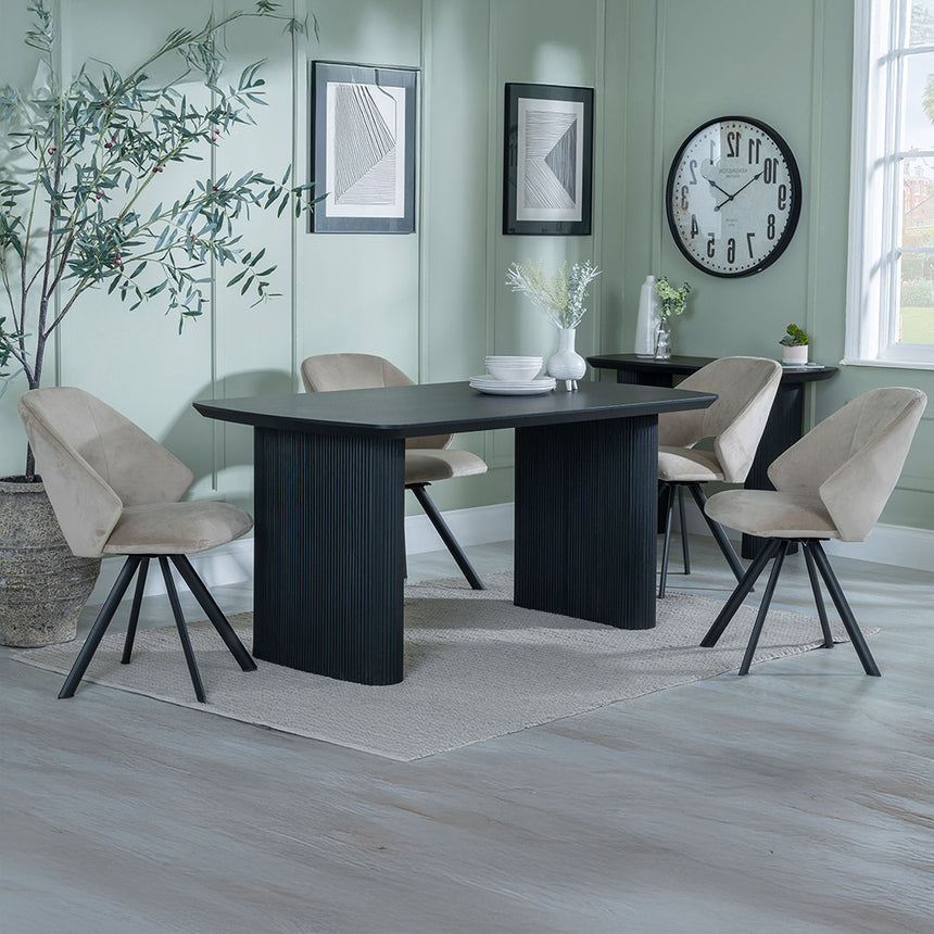Charlton Fluted Black Dining Set - Burano Velvet Fabric Swivel Dining Chair