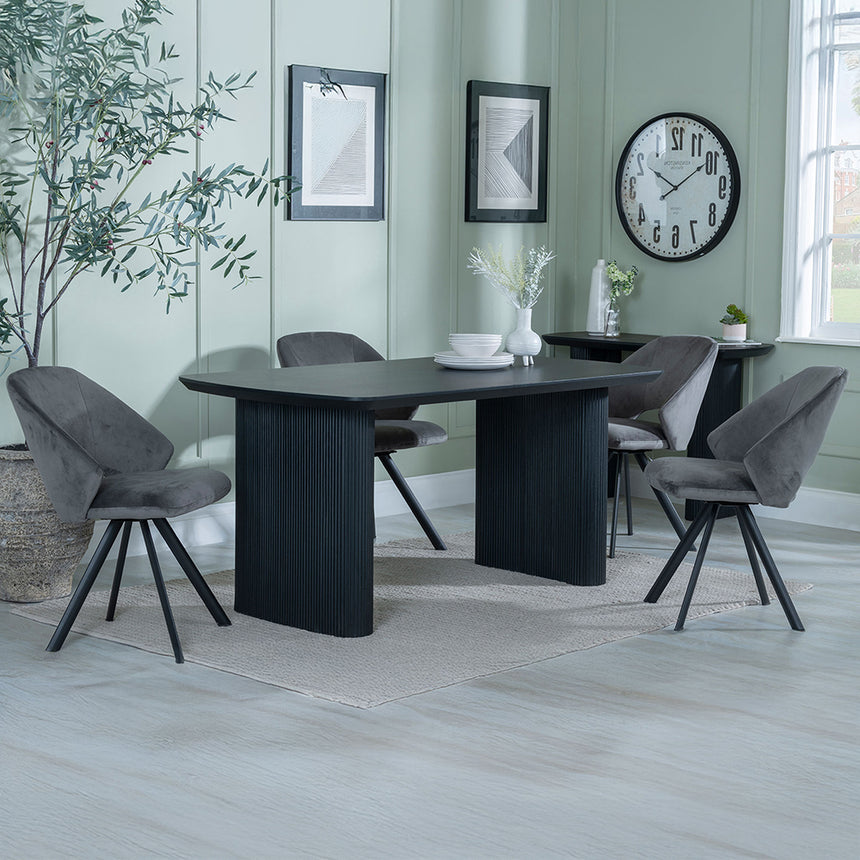 Charlton Fluted Black Dining Set - Burano Velvet Fabric Swivel Dining Chair
