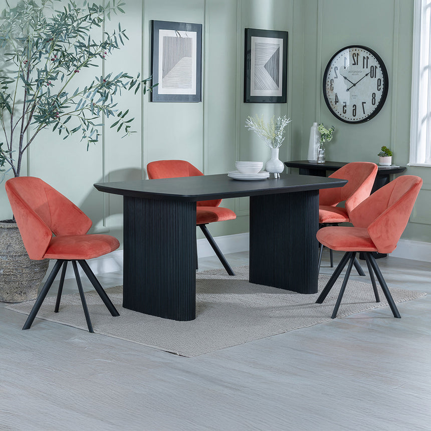 Charlton Fluted Black Dining Set - Burano Velvet Fabric Swivel Dining Chair