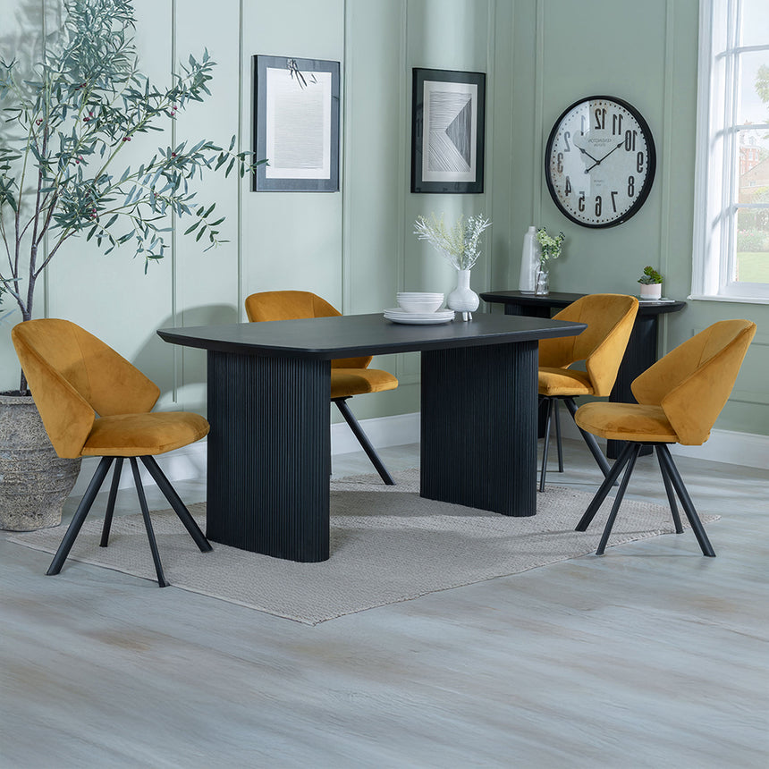 Charlton Fluted Black Dining Set - Burano Velvet Fabric Swivel Dining Chair