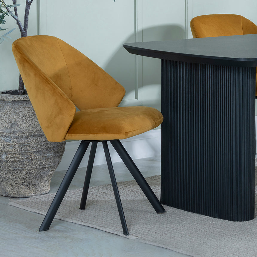 Charlton Fluted Black Dining Set - Burano Velvet Fabric Swivel Dining Chair
