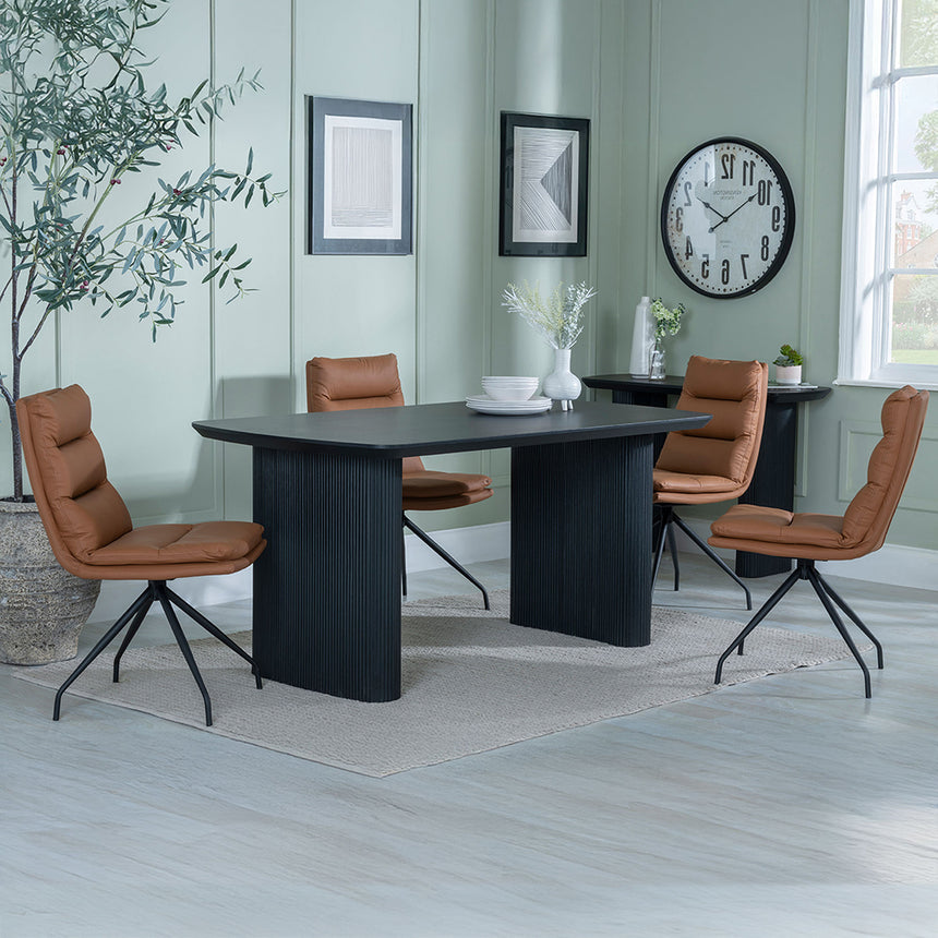 Charlton Fluted Black Dining Set - Tuscany Leather Swivel Dining Chair