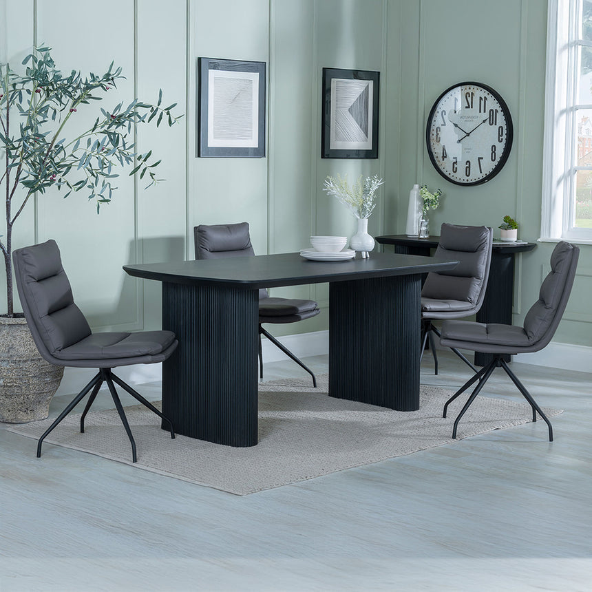 Charlton Fluted Black Dining Set - Tuscany Leather Swivel Dining Chair