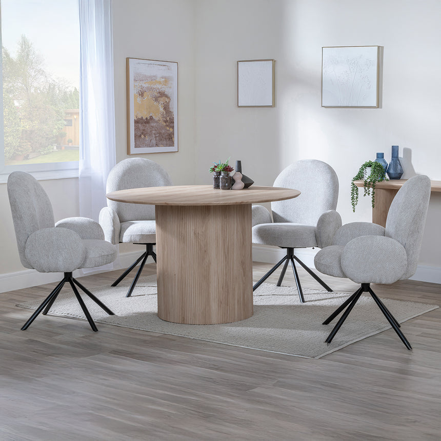 Charlton Fluted Oak 4 Seater Round Dining Set - Altavista Fabric Swivel Dining Chair