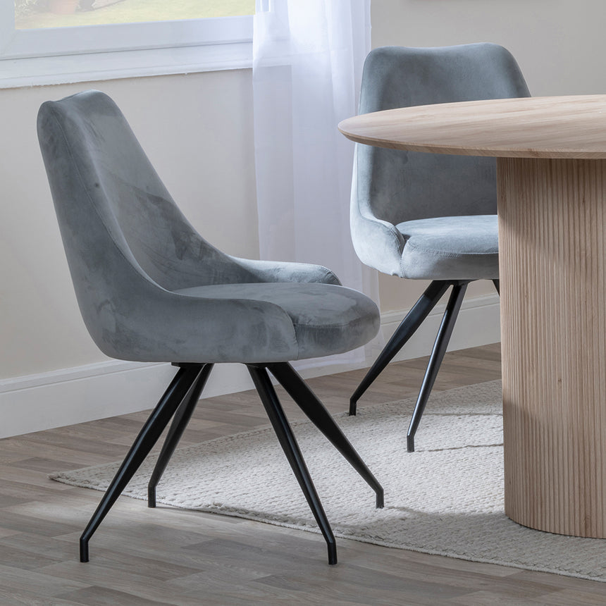Charlton 4 Seater Fluted Round Dining Set - 4 Diana Velvet Fabric Swivel Dining Chair