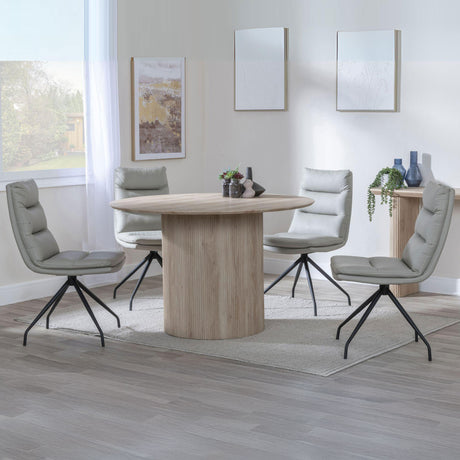 Charlton Fluted Oak Effect 4 Seater Round Dining Set - Tuscany Leather Swivel Dining Chair