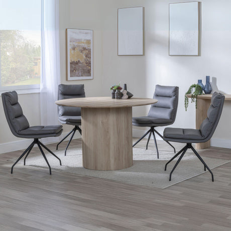 Charlton Fluted Oak Effect 4 Seater Round Dining Set - Tuscany Leather Swivel Dining Chair