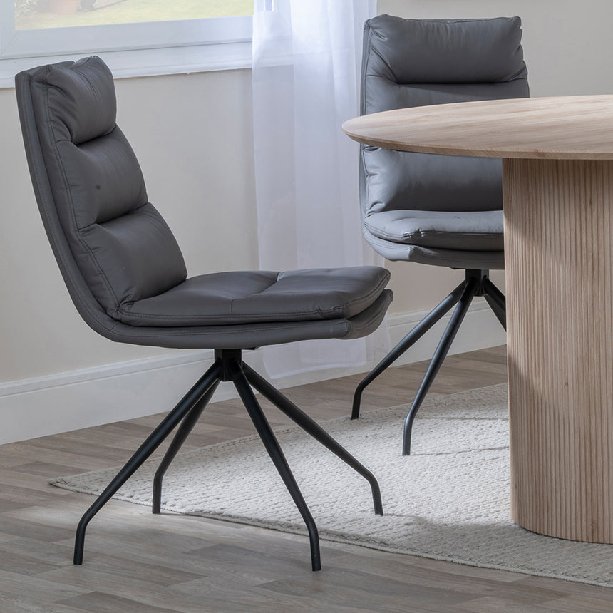 Charlton Fluted Oak 4 Seater Round Dining Set - Tuscany Leather Swivel Dining Chair