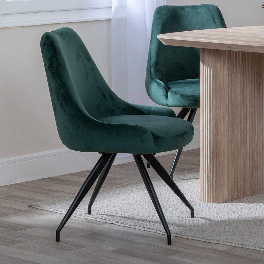 Charlton 6 Seater Fluted Dining Set - Diana Velvet Fabric Swivel Dining Chair