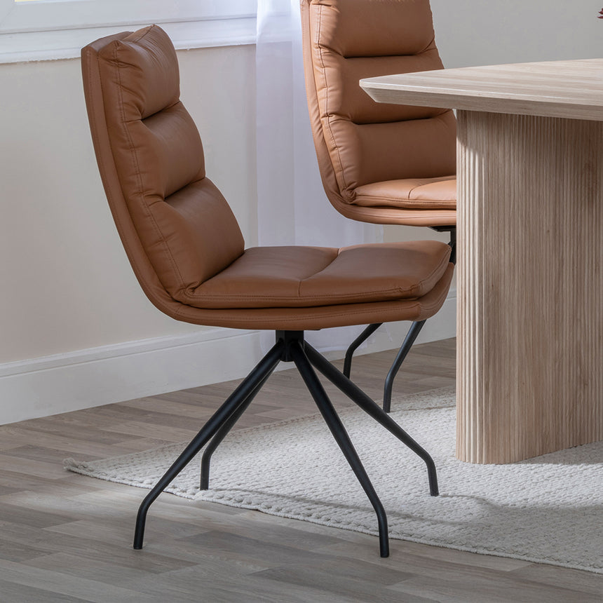 Charlton Fluted Oak Dining Set - Tuscany Leather Swivel Dining Chair