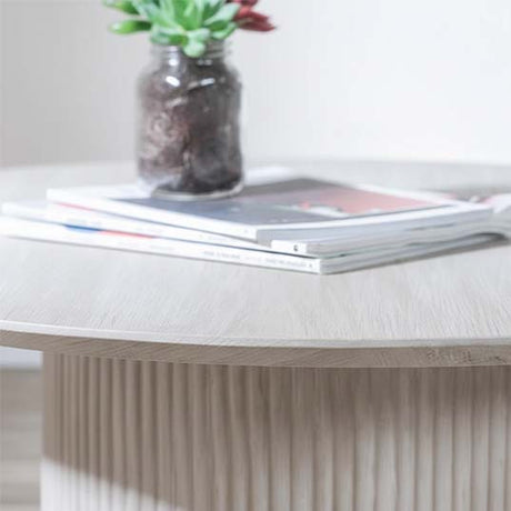 Charlton Fluted White Washed Oak Effect Round Coffee Table with Drum Base