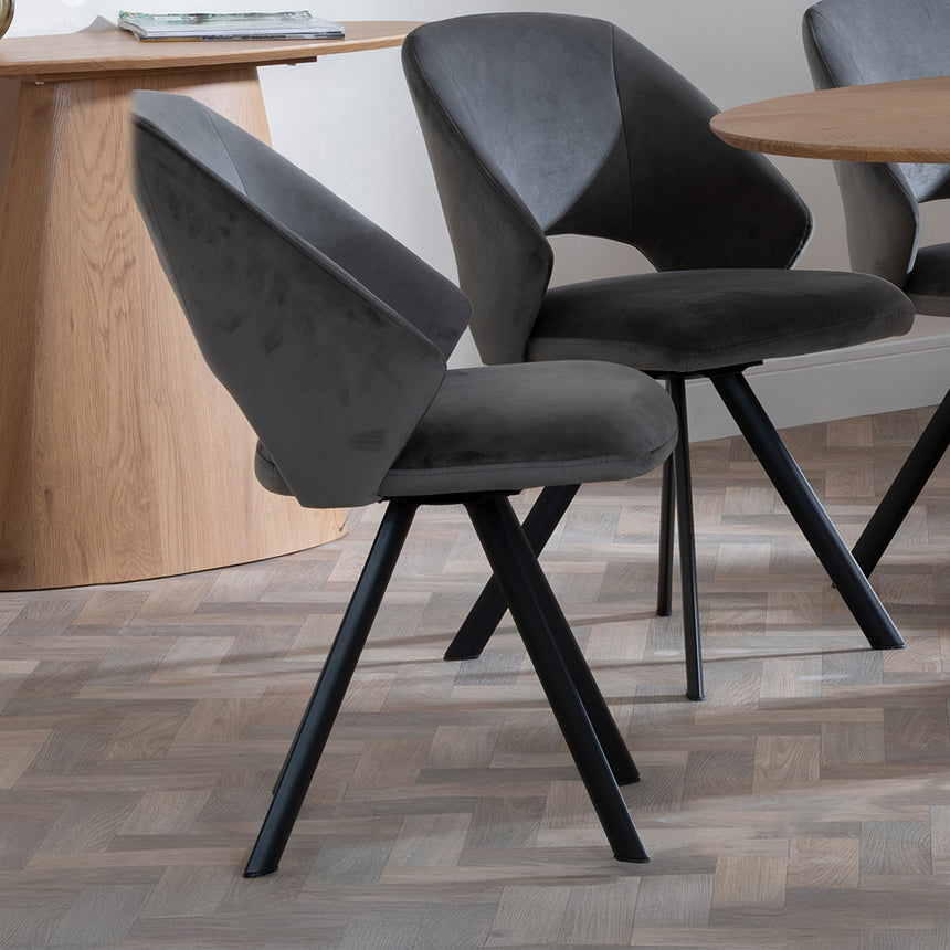 Chiswick Oak Oval Dining Set - Burano Dark Grey Velvet Fabric Swivel Dining Chair