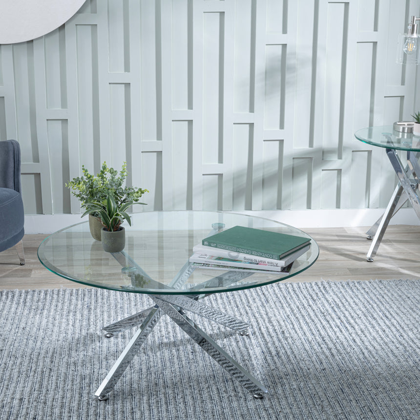 Ashley Glass Round Coffee Table with Chrome Metal Chopstick Legs