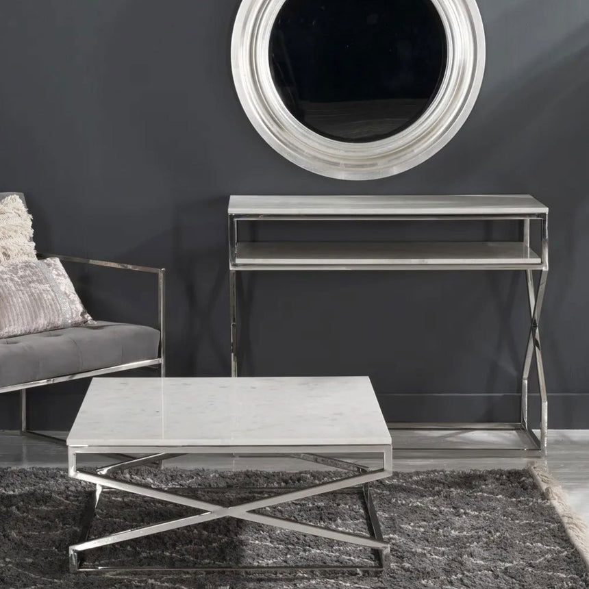 Clearance - Lazio Marble Console Table, White Top with Stainless Steel Chrome Frame