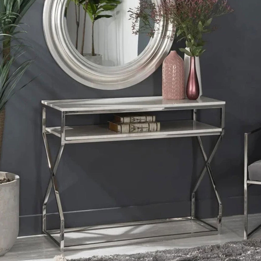 Clearance - Lazio Marble Console Table, White Top with Stainless Steel Chrome Frame