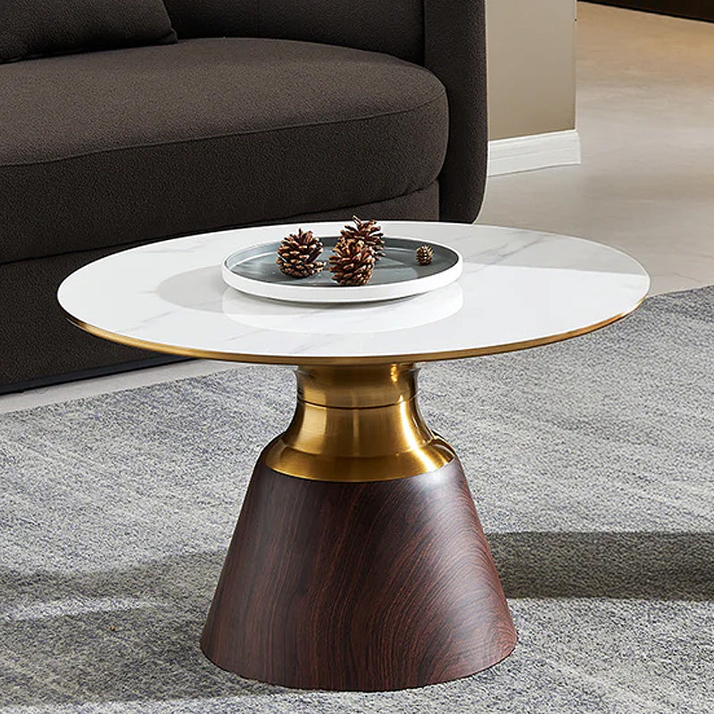 Debra Grey Ceramic Round Coffee Table with Walnut Base and Gold Trim