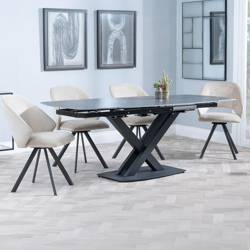 Diana Black Ceramic Swivel Top Extending Dining Set - Burano Velvet Fabric Swivel Dining Chair