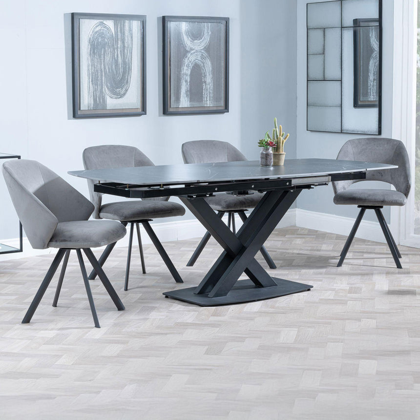 Diana Black Ceramic Swivel Top Extending Dining Set - Burano Velvet Fabric Swivel Dining Chair