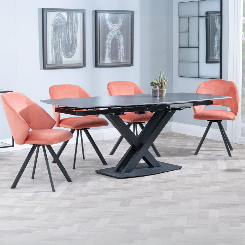 Diana Black Ceramic Swivel Top Extending Dining Set - Burano Velvet Fabric Swivel Dining Chair