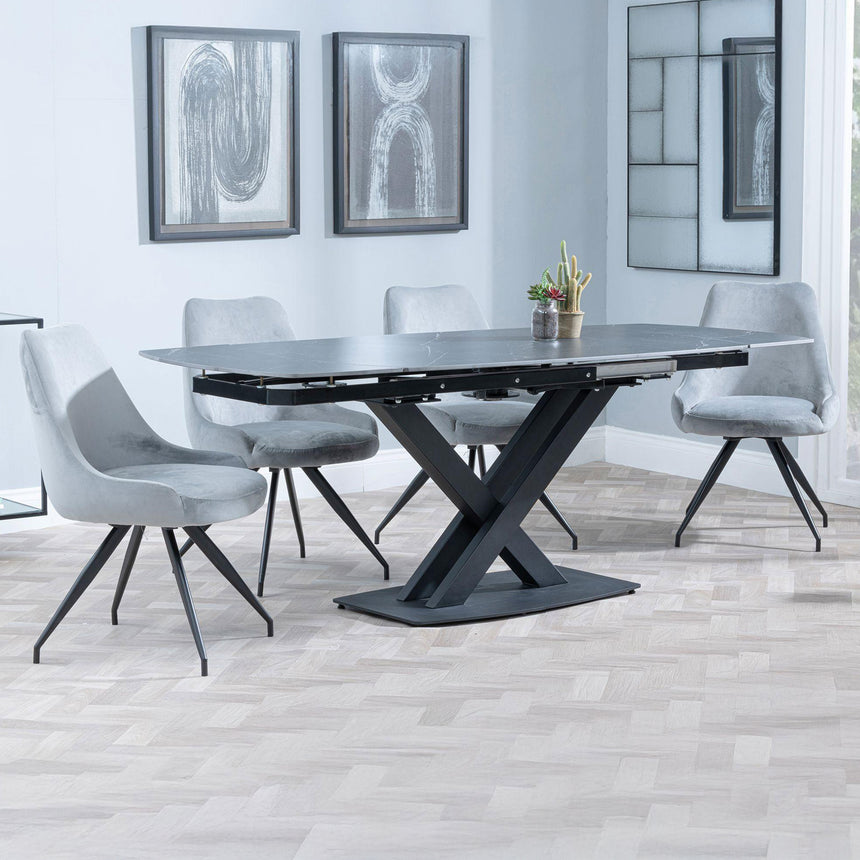Diana Black Ceramic Swivel Top Extending Dining Set - Diana Velvet Fabric Swivel Dining Chair
