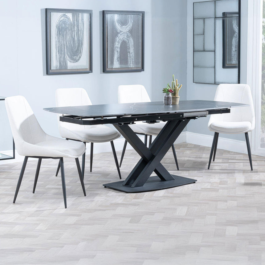 Diana Black Ceramic Swivel Top Extending Dining Set - Rovereto Fabric Dining Chair