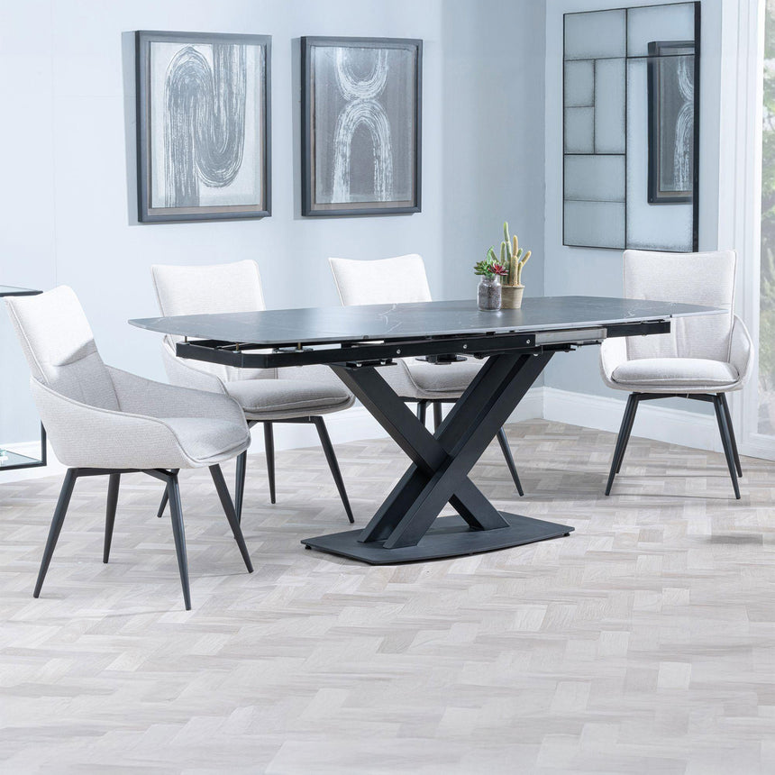 Diana Black Ceramic Swivel Top Extending Dining Set - Torres Fabric Swivel Dining Chair