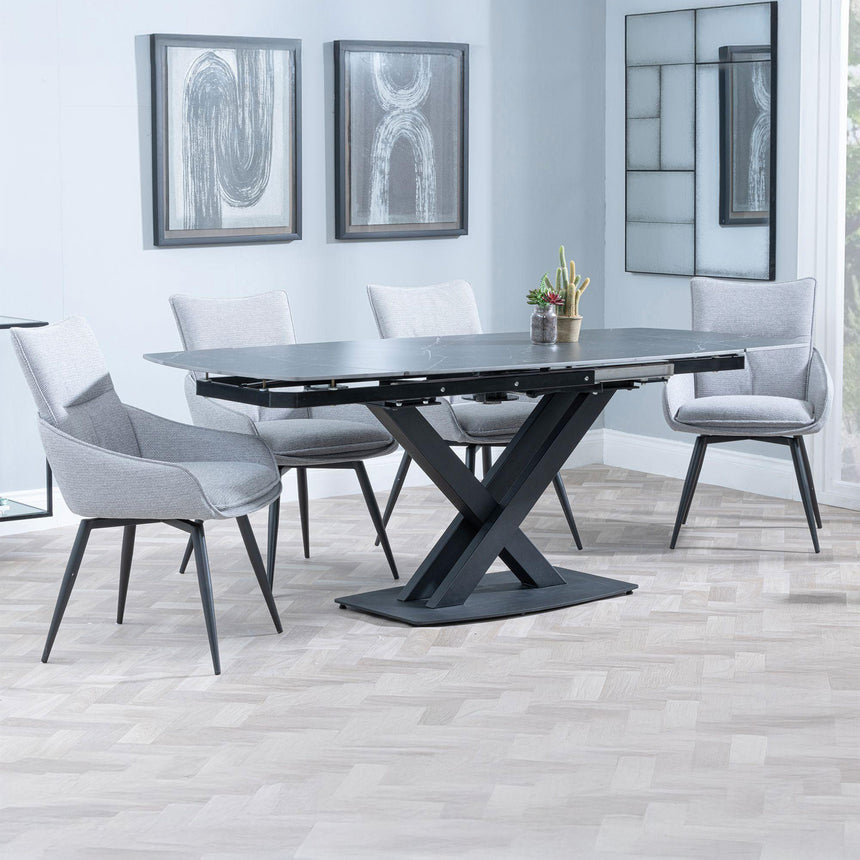 Diana Black Ceramic Swivel Top Extending Dining Set - Torres Fabric Swivel Dining Chair