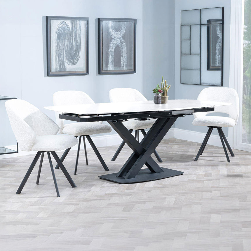 Diana White Ceramic Swivel Top Extending Dining Set - Burano Velvet Fabric Swivel Dining Chair