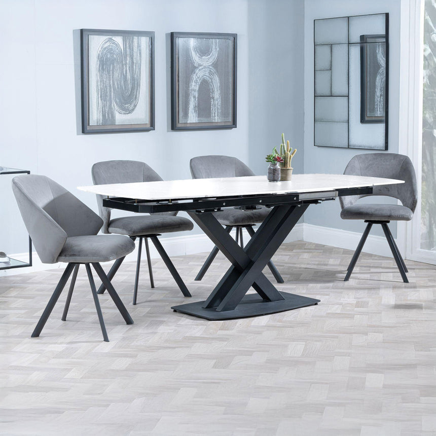 Diana White Ceramic Swivel Top Extending Dining Set - Burano Velvet Fabric Swivel Dining Chair