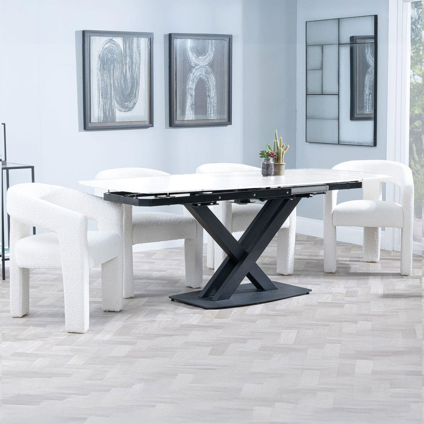 Diana White Ceramic Swivel Top Extending Dining Set - Killen Boucle Fabric Dining Chair