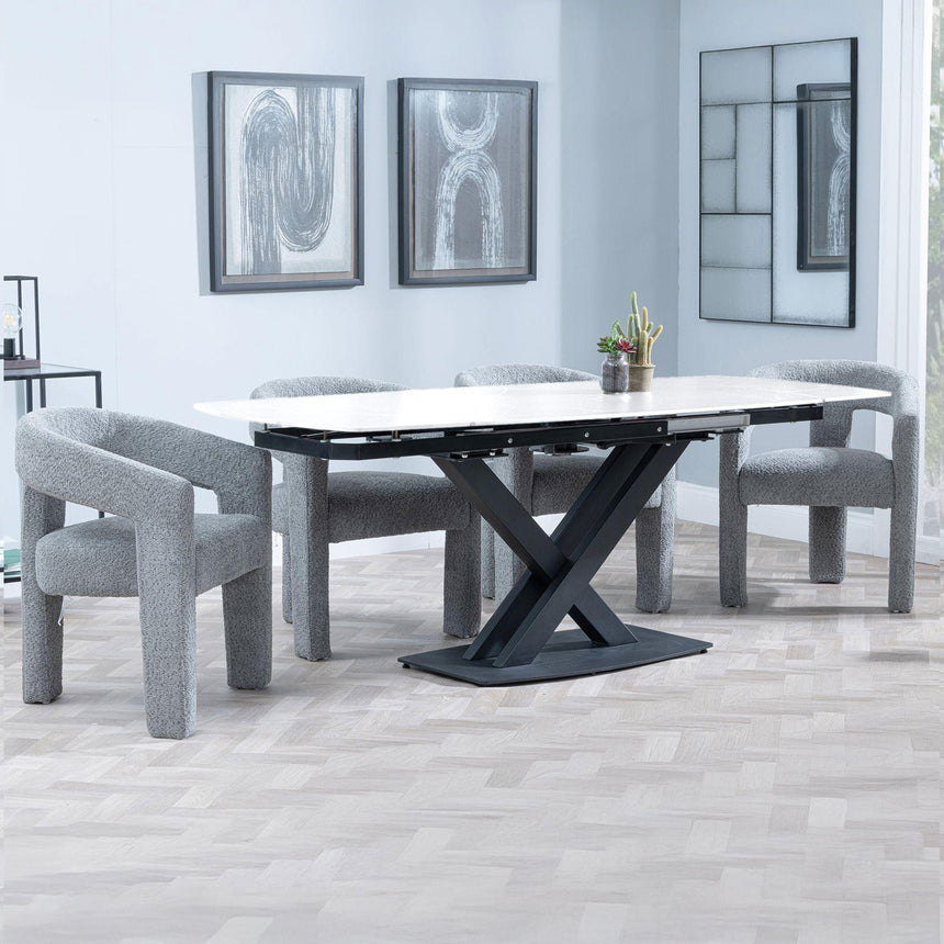 Diana White Ceramic Swivel Top Extending Dining Set - Killen Boucle Fabric Dining Chair