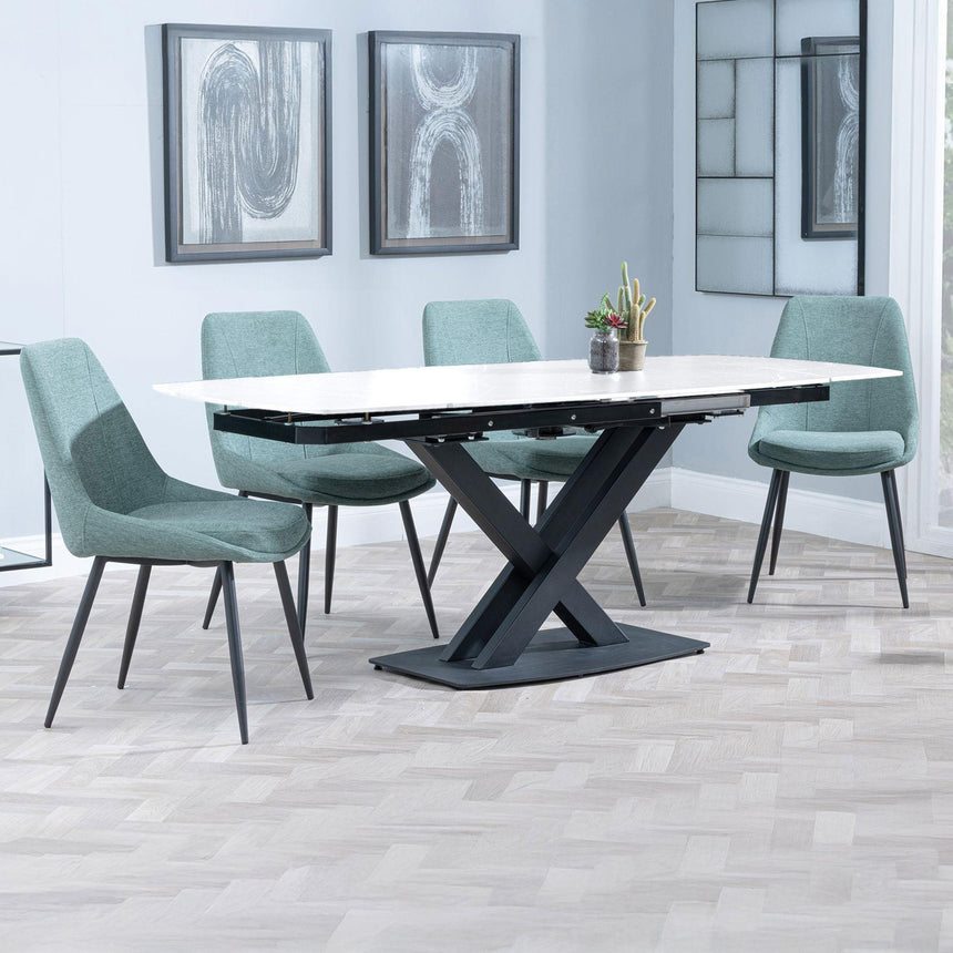 Diana White Ceramic Swivel Top Extending Dining Set - Rovereto Fabric Dining Chair